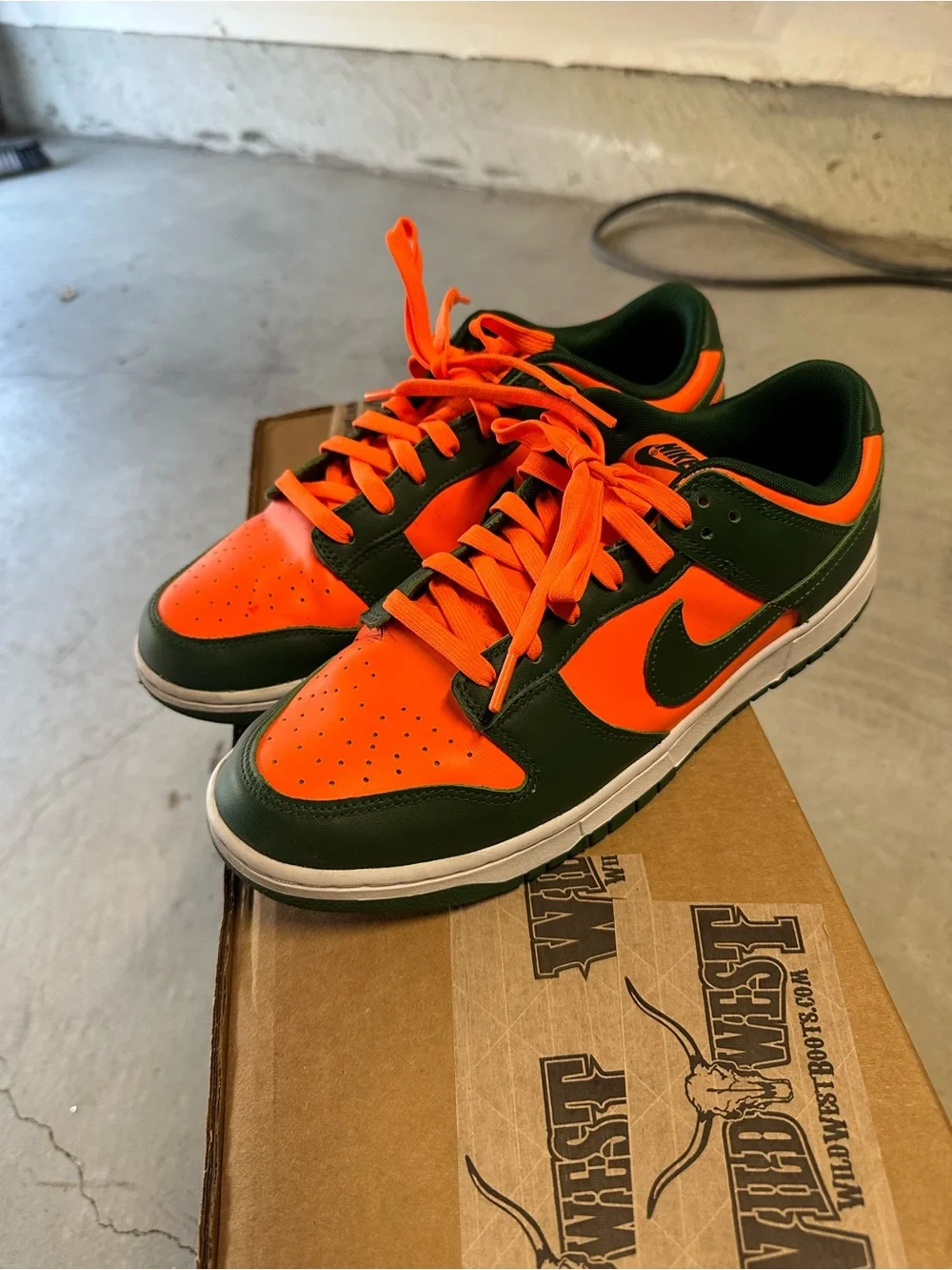Men's Nike Dubk in Orange and Dark Green. Miami colorway.